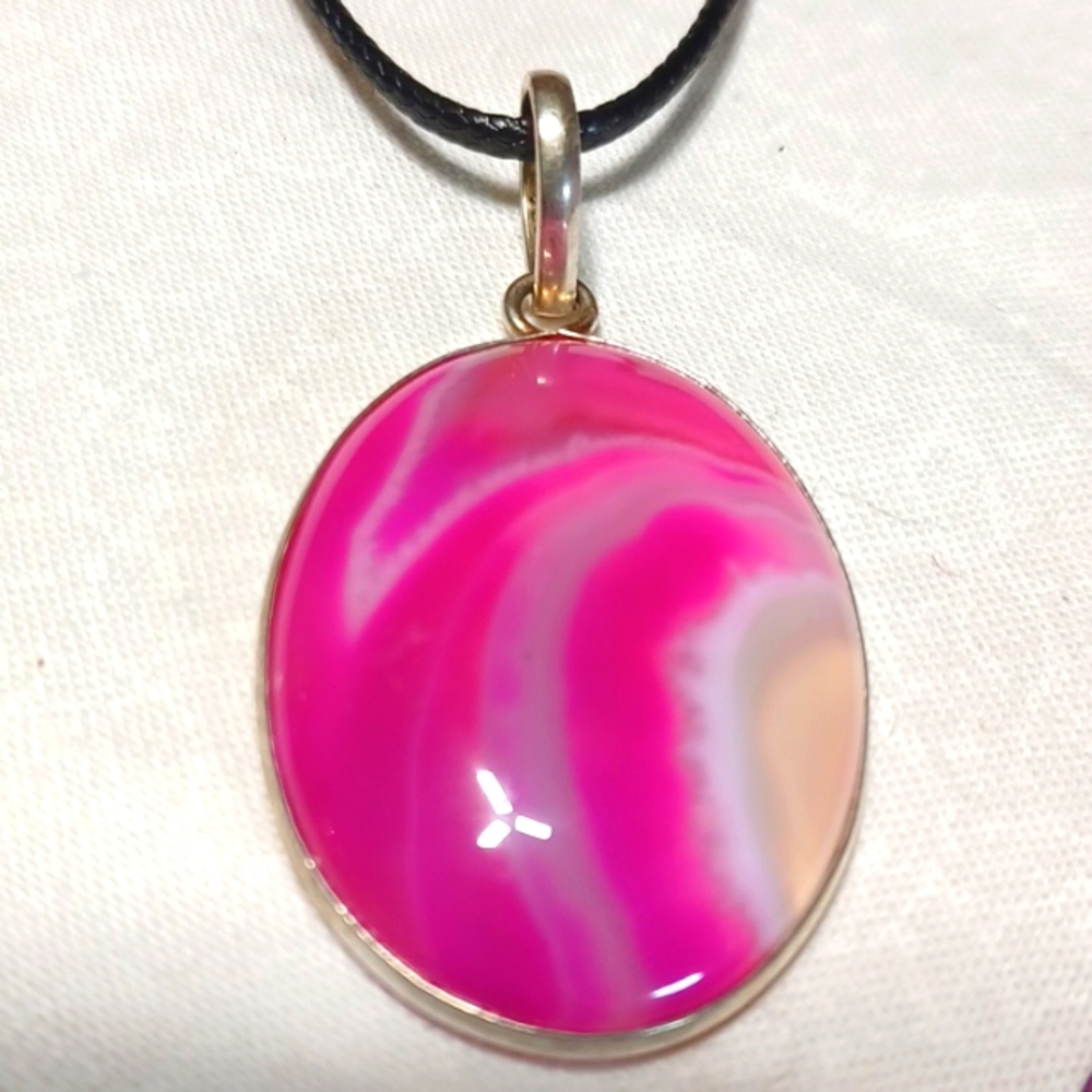 Botswana lacey pink agate pendant necklace handmade white gray silver swirl gem